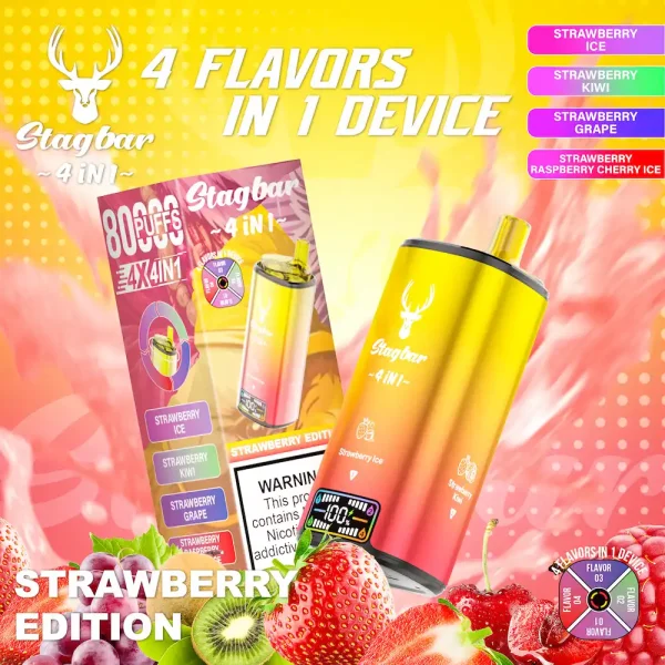 Stagbar 80000 80K puffs 4-in-1 disposable vape with strawberry ice, strawberry kiwi, strawberry grape, strawberry raspberry cherry ice