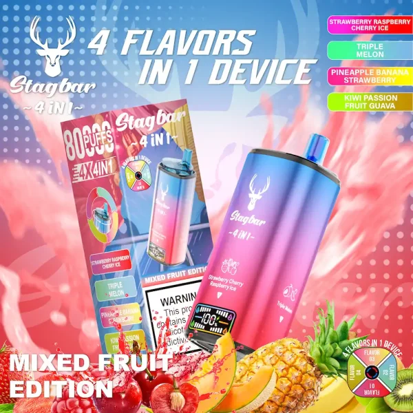 Stagbar 80000 80K puffs 4-in-1 disposable vape with strawberry raspberry cherry ice, triple melon, pineapple banana strawberry, kiwi passion fruit guava