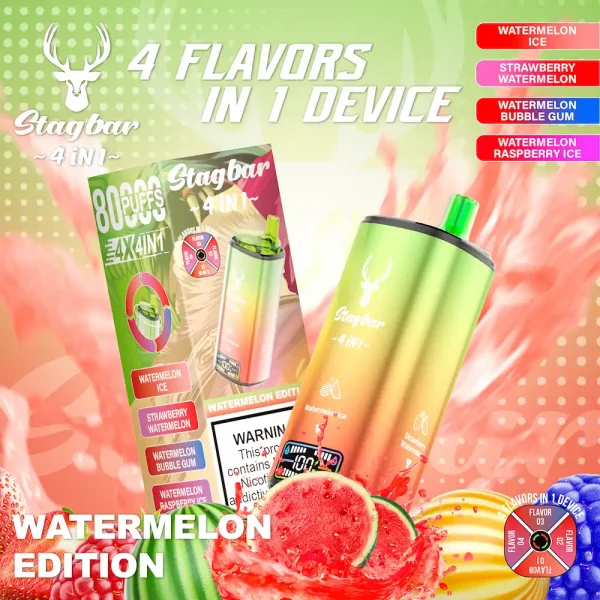 Stagbar 80000 80K puffs 4-in-1 disposable vape with watermelon ice, strawberry watermelon, watermelon bubble gum, watermelon raspberry ice