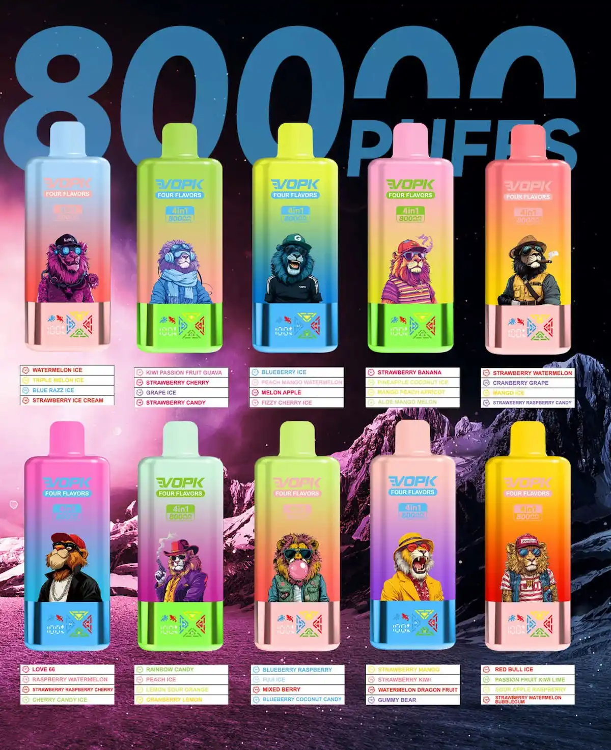 VOPK 80000 80K puffs four flavors disposable vape flavor collection chart