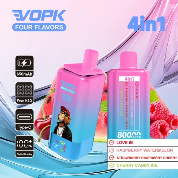 VOPK 80000 80K puffs four flavors disposable vape - Love 66, Raspberry Watermelon, Strawberry Raspberry Cherry, Cherry Candy Ice