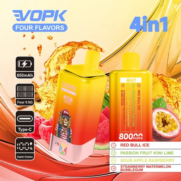 VOPK 80000 80K puffs four flavors disposable vape - Red Bull Ice, Passion Fruit Kiwi Lime, Sour Apple Raspberry, Strawberry Watermelon Bubblegum