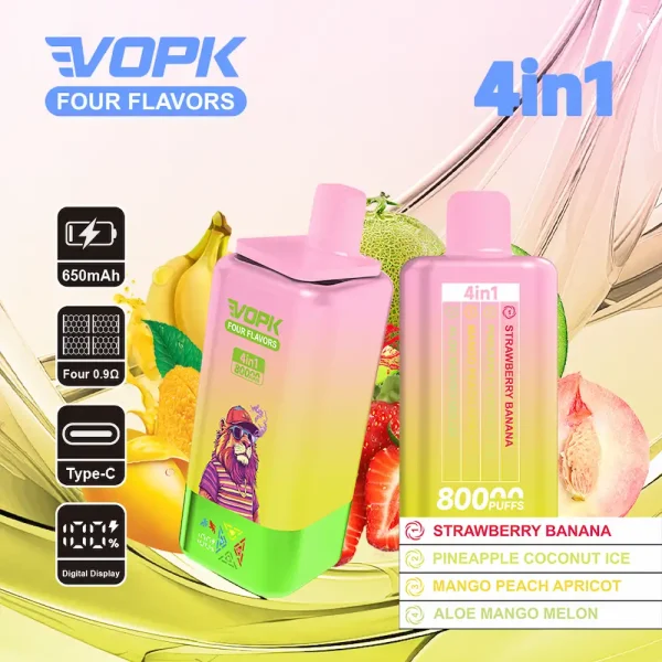 VOPK 80000 80K puffs four flavors disposable vape - Strawberry Banana, Pineapple Coconut Ice, Mango Peach Apricot, Aloe Mango Melon