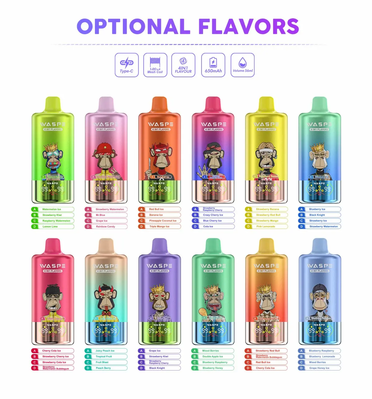 WASPE 100000 100K puffs 4-in-1 flavor disposable vape flavor collection chart