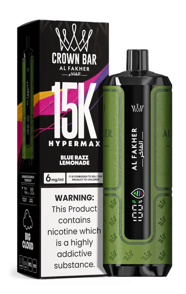 Al Fakher Crown Bar Hypermax 15000 puffs disposable vape Blue Razz Lemonade flavor