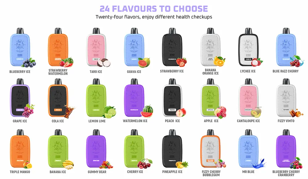 ATVS DE023 disposable vape flavor collection with 24 flavors including blueberry ice, strawberry watermelon, taro ice, guava ice, cola ice, lemon lime and more