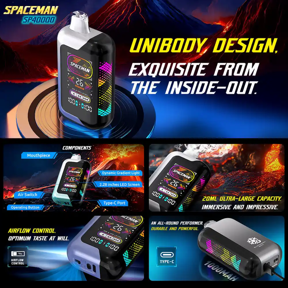 SMOK Spaceman SP40000 Disposable Vape 40K Puffs – 20ml Large Capacity, 1000mAh Battery, 2.28” Smart LED Screen, Type-C Rechargeable