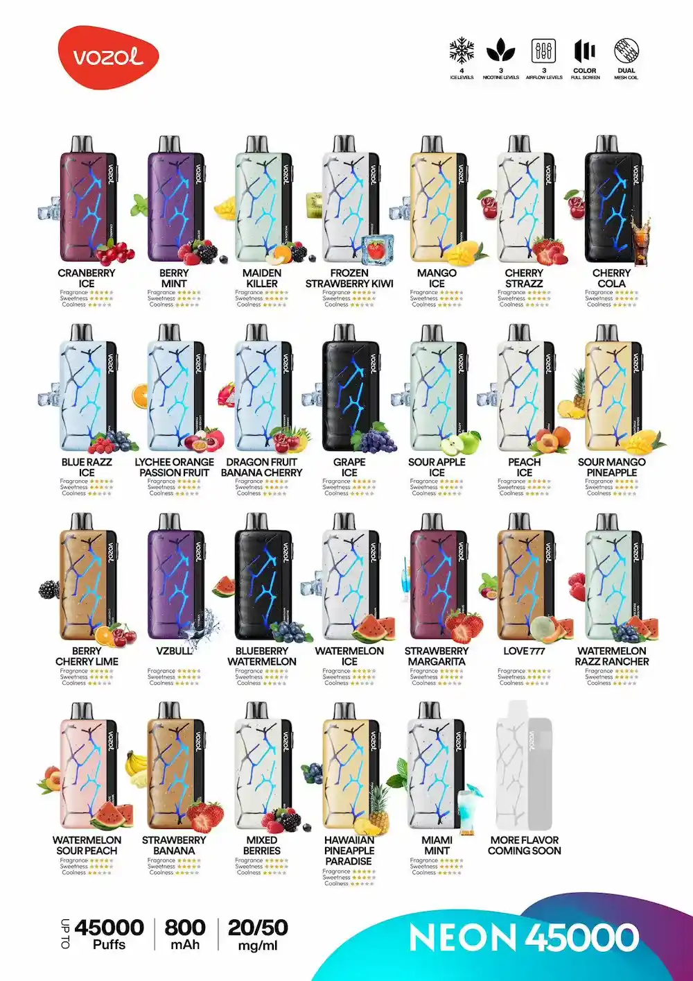 VOZOL Neon 45000 Disposable Vape 45K Puffs – Full Flavor Collection