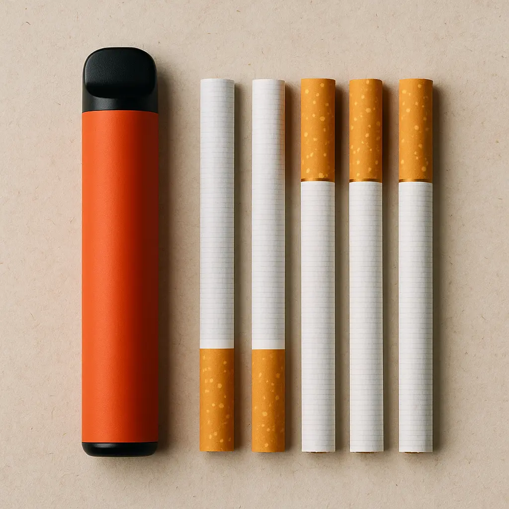 How Much Nicotine Is in a Disposable Vape? The Facts Explained Simply 3 Disposable vape beside several cigarettes on a beige surface, representing how many cigarettes correspond to 20mg of nicotine.