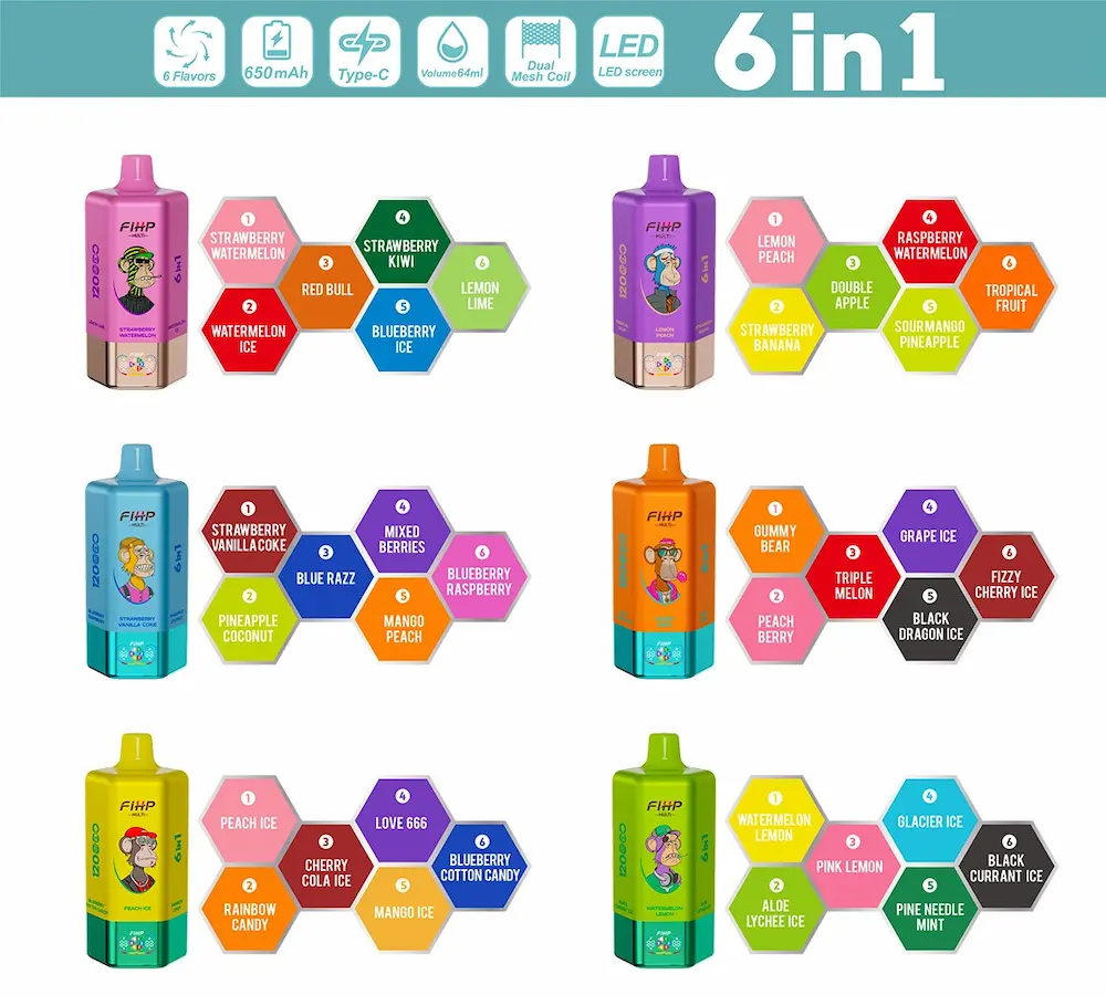 FIHP MULTI 120000 120K Puffs 6in1 Disposable Vape 8 FIHP MULTI 120000 Puffs 6in1 Disposable Vape all flavor collection showcasing variety of tastes in one device