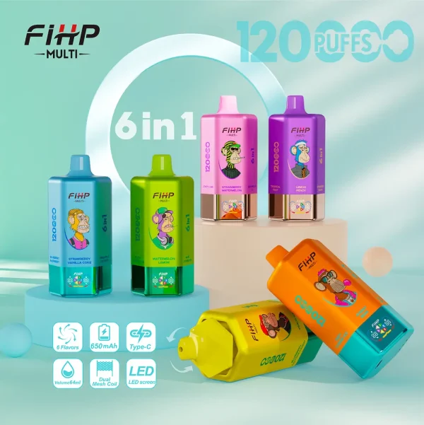 FIHP MULTI 120000 Puffs 6in1 Wegwerp Vape belangrijkste product afbeelding met LED-display en meerdere smaken