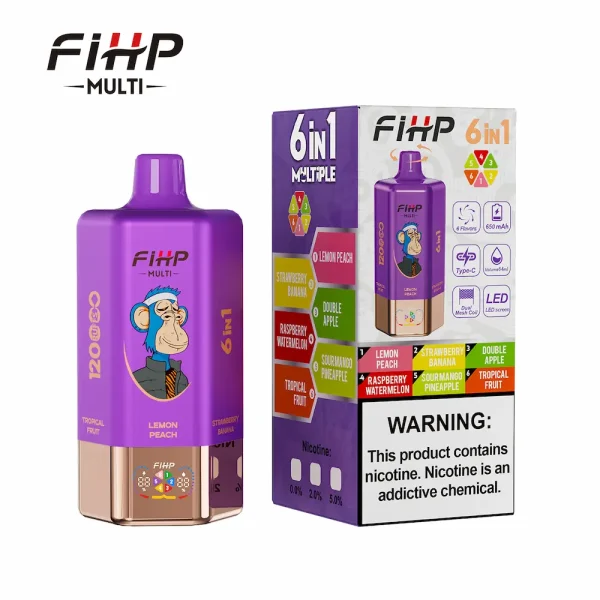 FIHP MULTI 120000 Puffs 6in1 Disposable Vape with Lemon Peach, Strawberry Banana, Double Apple, Raspberry Watermelon, Sour Mango Pineapple, Tropical Fruit flavors