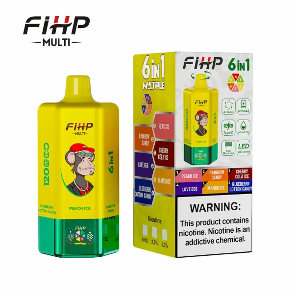 FIHP MULTI 120000 Puffs 6in1 Disposable Vape with Peach Ice, Rainbow Candy, Cherry Cola Ice, Love 666, Mango Ice, Blueberry Cotton Candy flavors