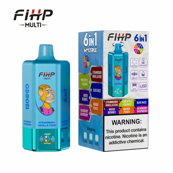 FIHP MULTI 120000 Puffs 6in1 Disposable Vape with Strawberry Vanilla Coke, Pineapple Coconut, Blue Razz, Mixed Berries, Mango Peach, Blueberry Raspberry flavors