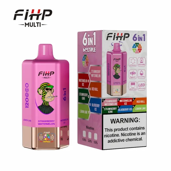 FIHP MULTI 120000 Puffs 6in1 Disposable Vape with Strawberry Watermelon, Watermelon Ice, Red Bull, Strawberry Kiwi, Blueberry Ice, Lemon Lime flavors