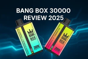 Bang Box 30000 Review 2025 article, featuring a futuristic blue digital background that reflects the vape’s dual-flavor, 30K puffs, and rechargeable design.