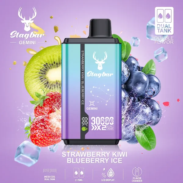 Stag bar Gemini 30000 Puffs Disposable Vape – Strawberry Kiwi & Blueberry Ice Dual Flavor