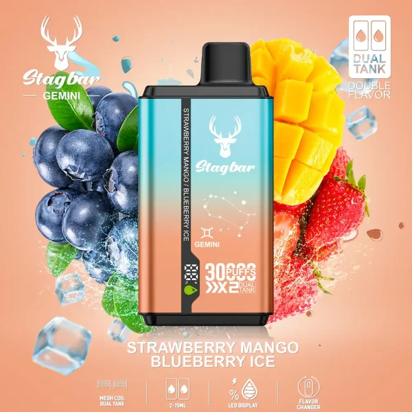 Stag bar Gemini 30000 Puffs Disposable Vape – Strawberry Mango & Blueberry Ice Dual Flavor