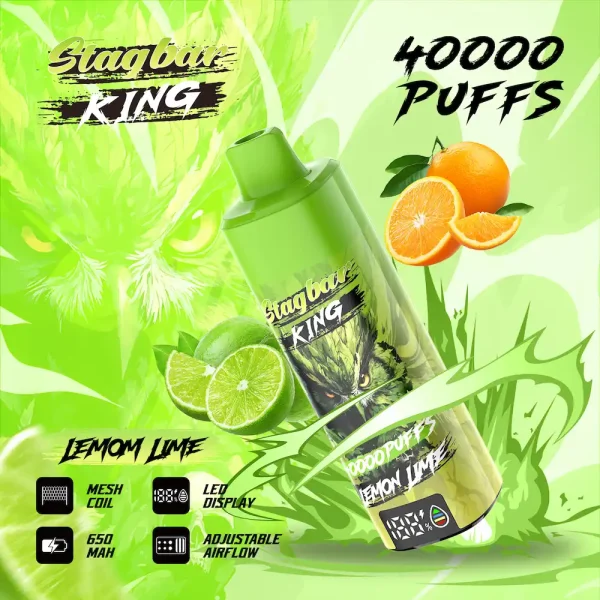 Stagbar King Lemon Lime 40000 Puffs Adjustable Airflow Disposable Vape with Mesh Coil and LED Display
