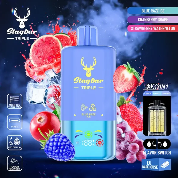 STAGBAR Triple 60000 Puffs Vape – Blue Razz Ice, Cranberry Grape, Strawberry Watermelon 3-in-1 Flavors