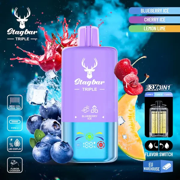 STAGBAR Triple 60000 Puffs Disposable Vape – Blueberry Ice, Cherry Ice, Lemon Lime 3-in-1 Flavors