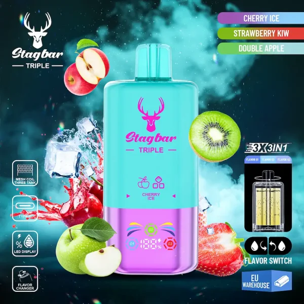 STAGBAR Triple 60000 Puffs Disposable Vape – Cherry Ice, Strawberry Kiwi, Double Apple 3-in-1 Flavors