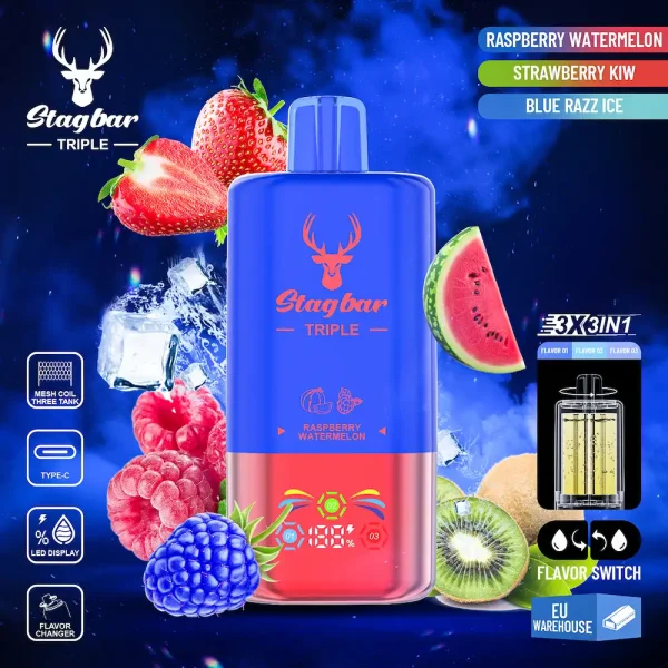 STAGBAR Triple 60000 Puffs Vape – Raspberry Watermelon, Strawberry Kiwi, Blue Razz Ice 3-in-1 Flavors