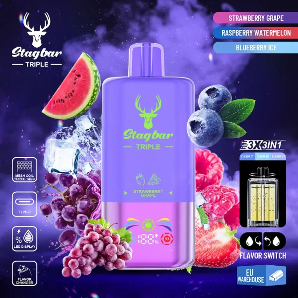 STAGBAR Triple 60000 Puffs Disposable Vape – Strawberry Grape, Raspberry Watermelon, Blueberry Ice 3-in-1 Flavors