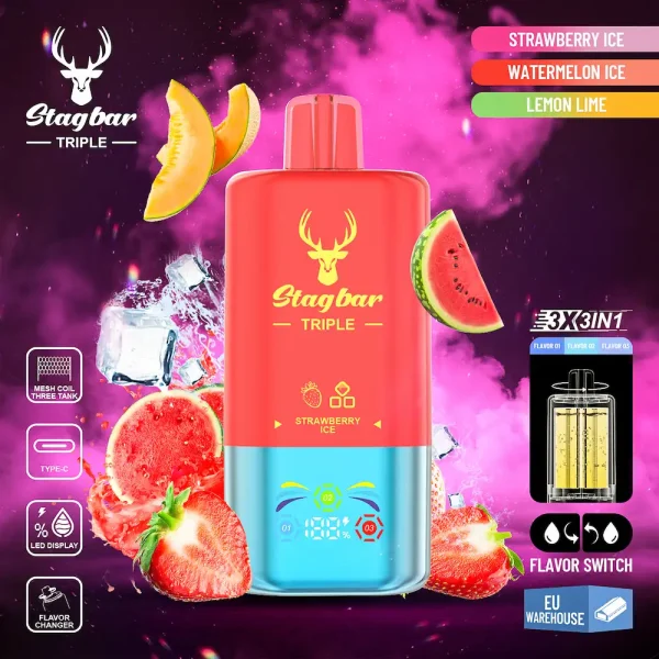 STAGBAR Triple 60000 Puffs Smart Vape – Strawberry Ice, Watermelon Ice, Lemon Lime 3-in-1 Flavors
