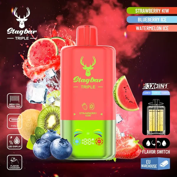 STAGBAR Triple 60000 Puffs Disposable Vape – Strawberry Kiwi, Blueberry Ice, Watermelon Ice 3-in-1 Flavors