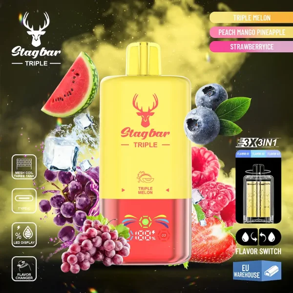 STAGBAR Triple 60000 Puffs Vape – Triple Melon, Peach Mango Pineapple, Strawberry Ice 3-in-1 Flavors