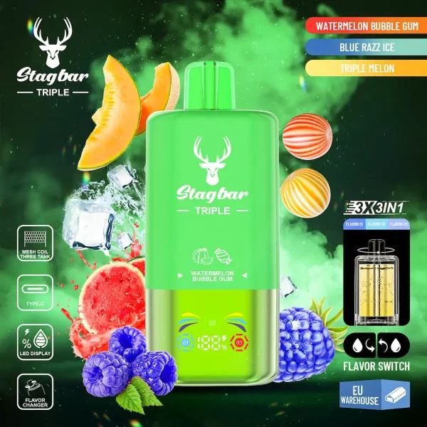 STAGBAR Triple 60000 Puffs Disposable Vape – Watermelon Bubble Gum, Blue Razz Ice, Triple Melon 3-in-1 Flavors