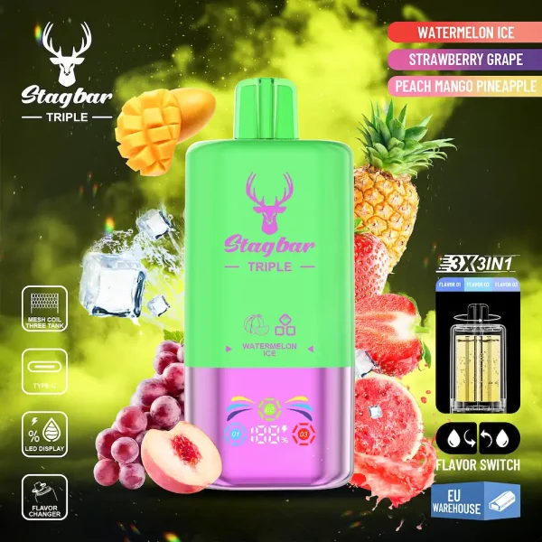 STAGBAR Triple 60000 Puffs Disposable Vape – Watermelon Ice, Strawberry Grape, Peach Mango Pineapple 3-in-1 Flavors