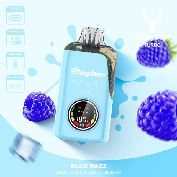 Stagbar Turbo 36000 Puffs Disposable Vape – Blue Razz Flavor, Dual Mesh Coil, Type-C Charging, 30ml Capacity
