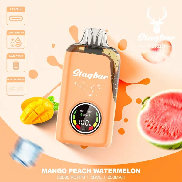Stagbar Turbo 36000 Puffs Disposable Vape – Mango Peach Watermelon Flavor, LED Screen, Dual Mesh Coil