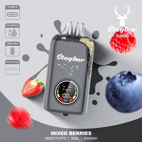 Stagbar Turbo 36000 Puffs Disposable Vape – Mixed Berries Flavor, 30ml E-liquid, Dual Mesh Coil, LED Display, Type-C Rechargeable