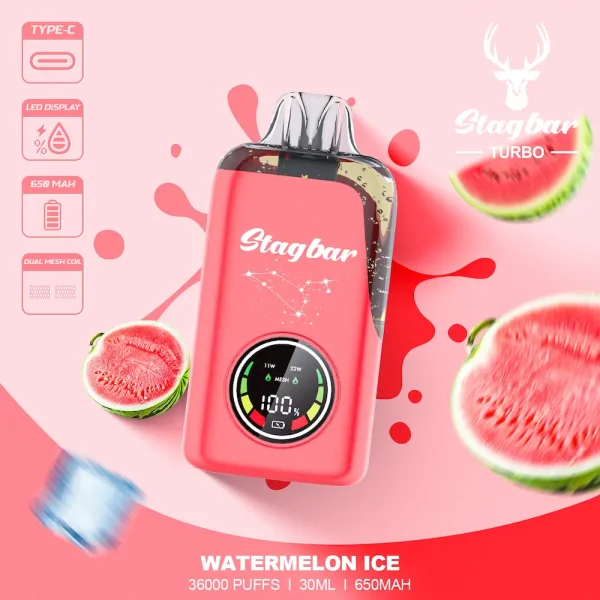 Stagbar Turbo 36000 Puffs Disposable Vape – Watermelon Ice Flavor, 30ml E-liquid, Dual Mesh Coil, Type-C Port