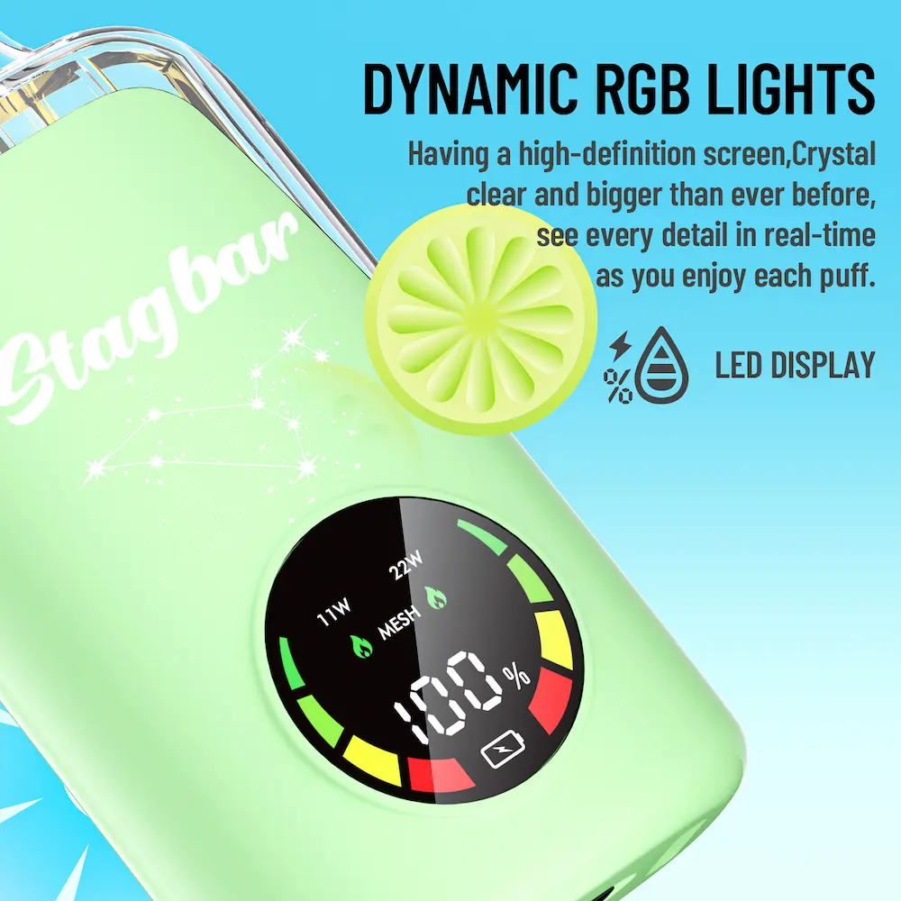 Stagbar Turbo Vape with Dynamic RGB Lights and LED Display – Real-Time Power & Battery Monitoring.