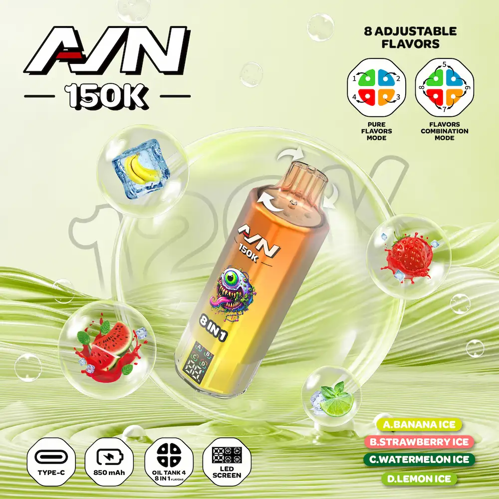 AIVONO AIM AVN 150K 150,000 Puffs 8-in-1 Flavor Vape 9 AIVONO AIM AVN 150K 4-flavor vape with Banana Ice, Strawberry Ice, Watermelon Ice, and Lemon Ice