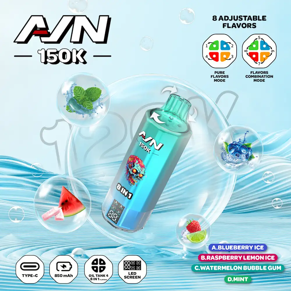 AIVONO AIM AVN 150K 150,000 Puffs 8-in-1 Flavor Vape 5 AIVONO AIM AVN 150K 4-flavor vape with Blueberry Ice, Raspberry Lemon Ice, Watermelon Bubblegum, and Mint
