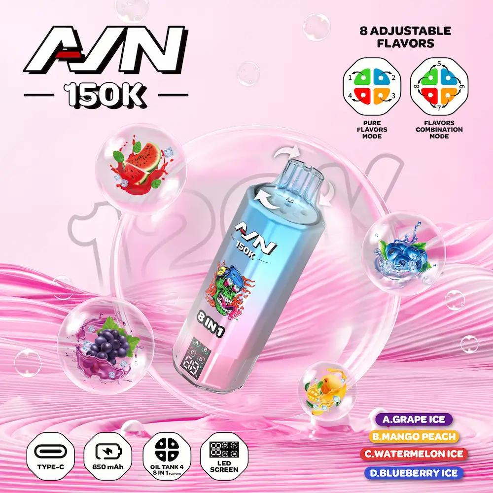 AIVONO AIM AVN 150K 150,000 Puffs 8-in-1 Flavor Vape 7 AIVONO AIM AVN 150K 4-flavor vape with Grape Ice, Mango Peach, Watermelon Ice, and Blueberry Ice