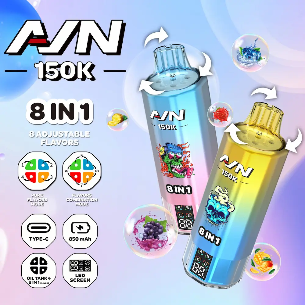 AIVONO AIM AVN 150K 150,000 Puffs 8-in-1 Flavor Vape 12 AIVONO AIM AVN 150K disposable vape with 4-chamber flavor system and 8 flavor modes
