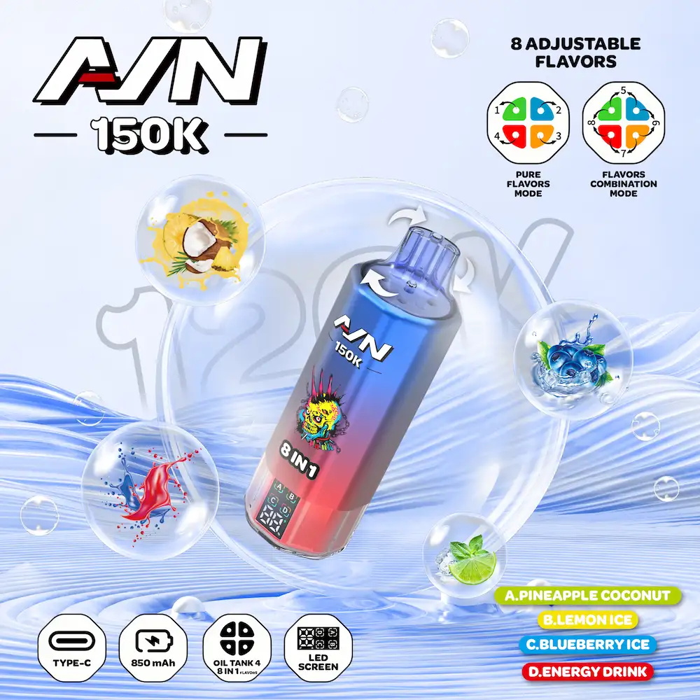 AIVONO AIM AVN 150K 150,000 Puffs 8-in-1 Flavor Vape 11 AIVONO AIM AVN 150K 4-flavor vape with Pineapple Coconut, Lemon Ice, Blueberry Ice, and Energy Drink flavors