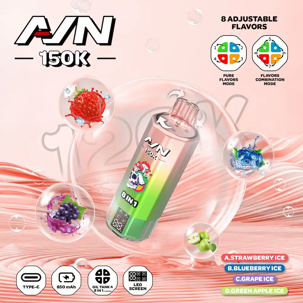AIVONO AIM AVN 150K 150,000 Puffs 8-in-1 Flavor Vape 3 AIVONO AIM AVN 150K 4-flavor vape with Strawberry Ice, Blueberry Ice, Grape Ice, and Green Apple Ice