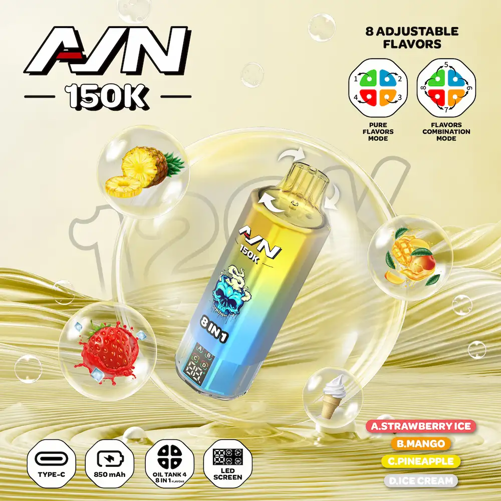 AIVONO AIM AVN 150K 150,000 Puffs 8-in-1 Flavor Vape 4 AIVONO AIM AVN 150K 4-flavor vape with Strawberry Ice, Mango, Pineapple, and Ice Cream flavors