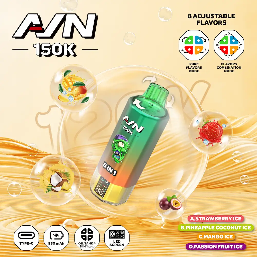 AIVONO AIM AVN 150K 150,000 Puffs 8-in-1 Flavor Vape 10 AIVONO AIM AVN 150K 4-flavor vape with Strawberry Ice, Pineapple Coconut Ice, Mango Ice, and Passion Fruit Ice