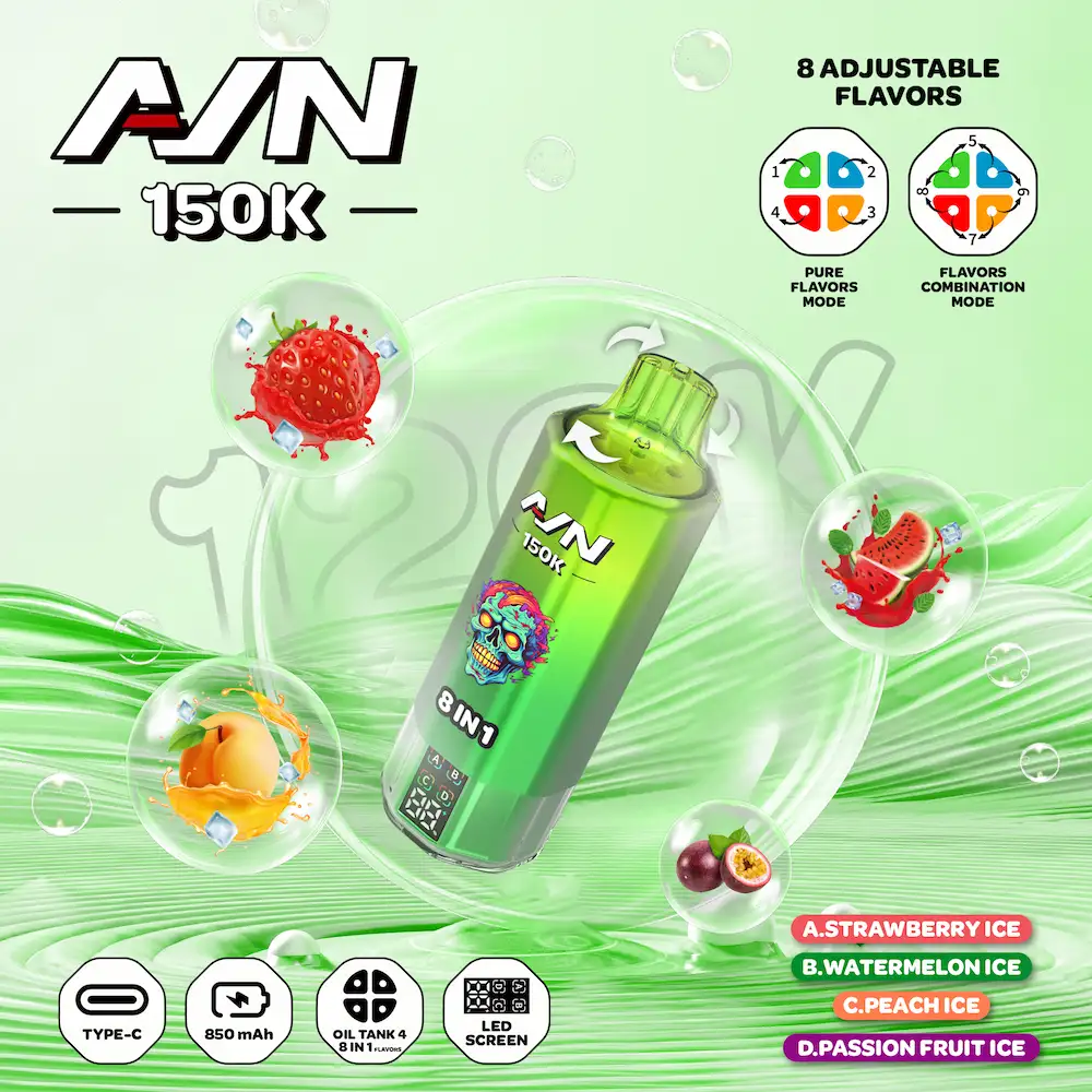 AIVONO AIM AVN 150K 150,000 Puffs 8-in-1 Flavor Vape 2 AIVONO AIM AVN 150K 4-flavor vape with Strawberry Ice, Watermelon Ice, Peach Ice, and Passion Fruit Ice