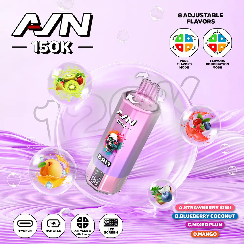 AIVONO AIM AVN 150K 150,000 Puffs 8-in-1 Flavor Vape 8 AIVONO AIM AVN 150K 4-flavor vape with Strawberry Kiwi, Blueberry Coconut, Mixed Plum, and Mango