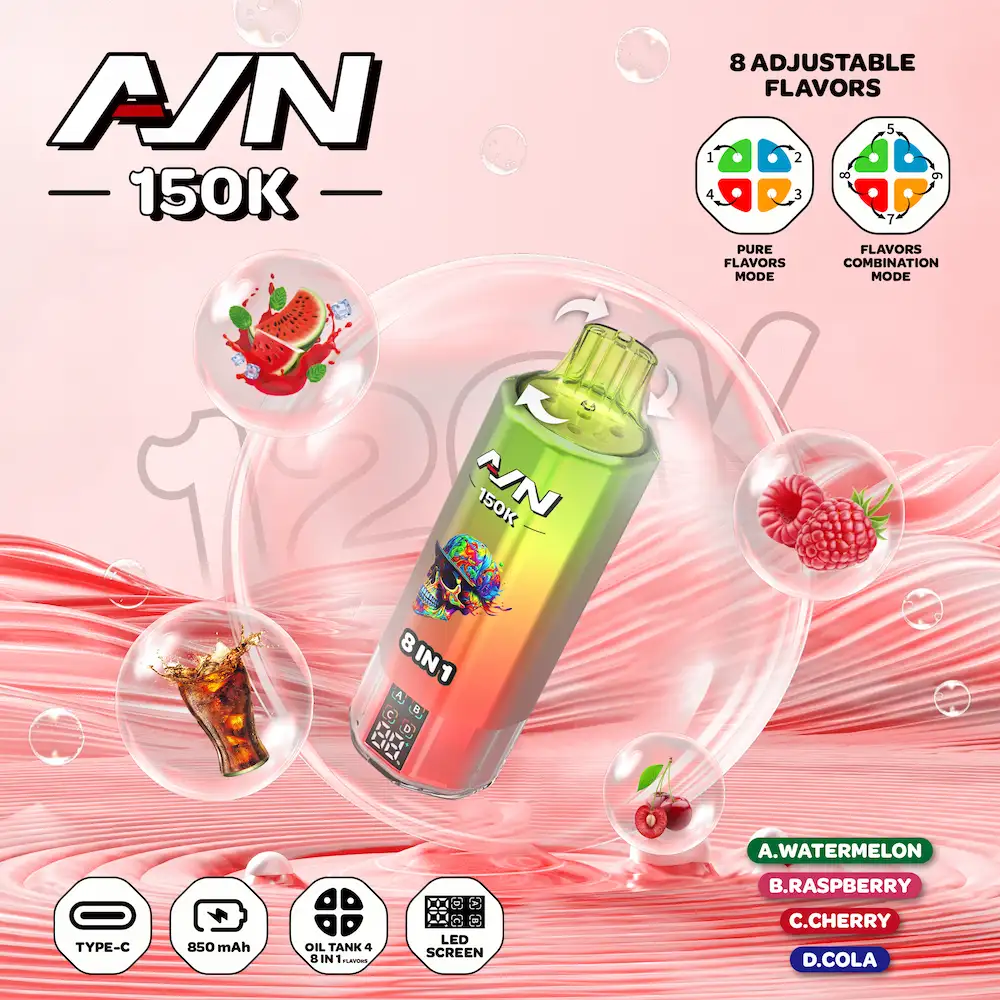 AIVONO AIM AVN 150K 150,000 Puffs 8-in-1 Flavor Vape 6 AIVONO AIM AVN 150K 4-flavor vape with Watermelon, Raspberry, Cherry, and Cola flavors