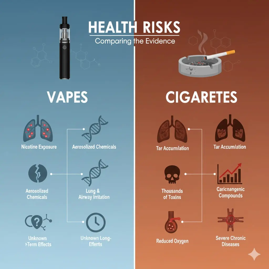 Visual comparison of vaping aerosol and cigarette combustion health differences